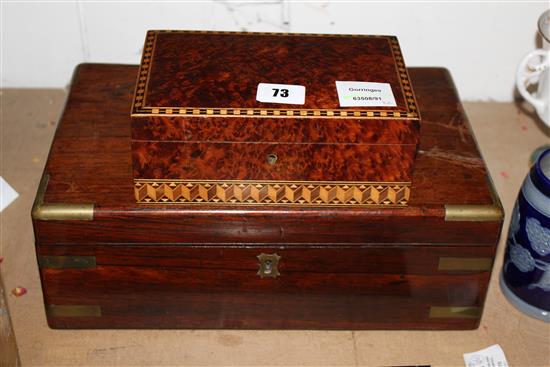 French amboyna and parquetry banded jewellery box and a rosewood writing slope(-)